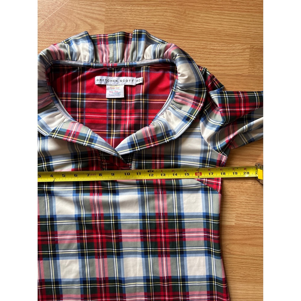 Gretchen Scott Plaid Shift Dress Red White Blue Ruffle Collar‎ Preppy Size S - Picture 4 of 8